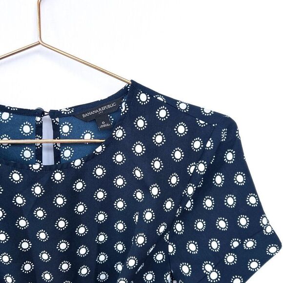 Banana Republic Factory Navy Blue Short Sleeve White Dot Print Lace Up Dress 0 - Picture 3 of 8